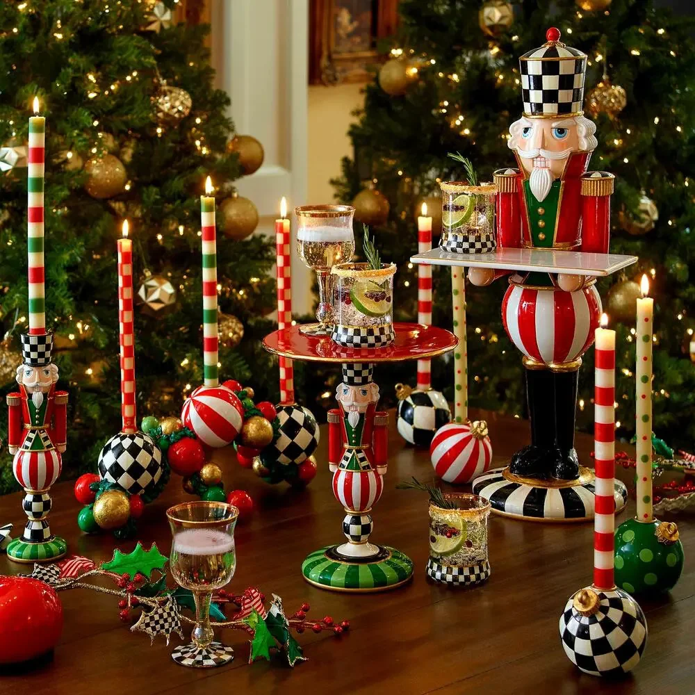 NEW Mackenzie Childs Multi Bands Red & Green Dinner Candles, Set of 2